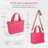 Pink tote bag with dimensions and strap length information on a white background