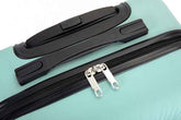 Close-up of a mint green hardshell suitcase showing a black zipper with silver metal pulls, a black telescoping handle, and a black carry strap on a white background.