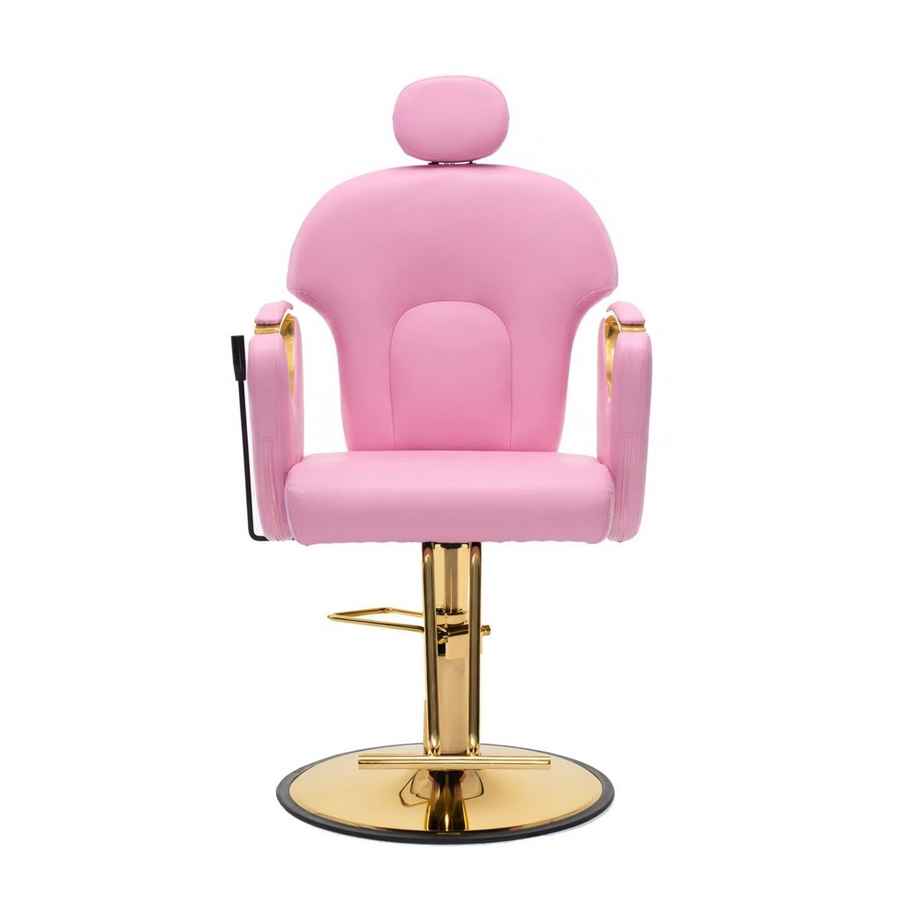 A pink salon barber chair with gold-finished metal hardware, featuring a rounded backrest, armrests, a headrest, and a circular swivel base on a white background.