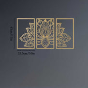 Iron Mandala Lotus Wall Art with dimensions 43cm x 25.5cm per panel, showcasing intricate lotus design in gold for Zen-themed interiors.