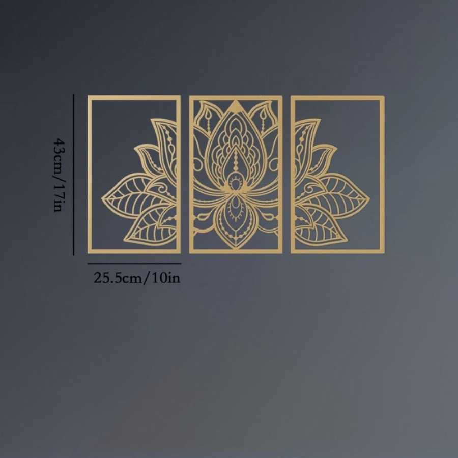 Iron Mandala Lotus Wall Art with dimensions 43cm x 25.5cm per panel, showcasing intricate lotus design in gold for Zen-themed interiors.
