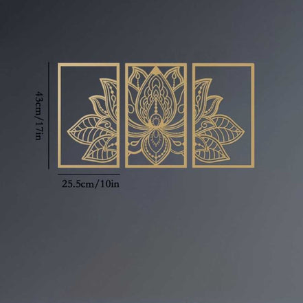 Iron Mandala Lotus Wall Art with dimensions 43cm x 25.5cm per panel, showcasing intricate lotus design in gold for Zen-themed interiors.