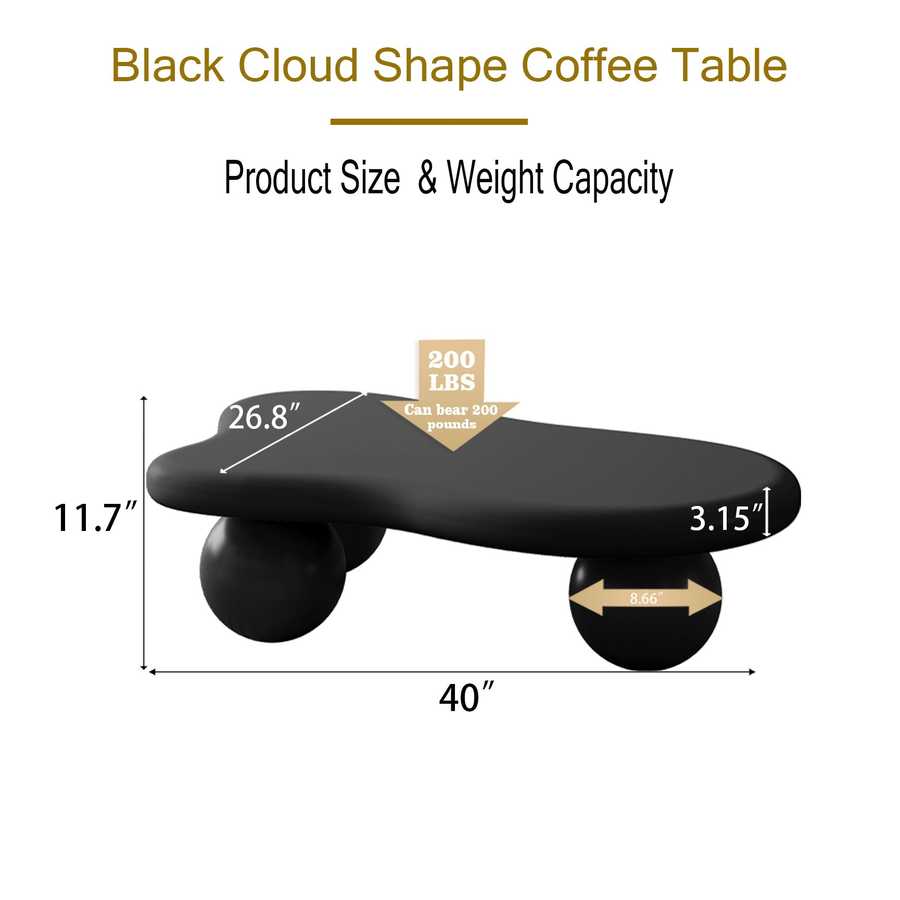 Black Cloud Coffee Table - 40 Inch with ball legs, showing dimensions and 200 lbs weight capacity, ideal for modern accent table needs.