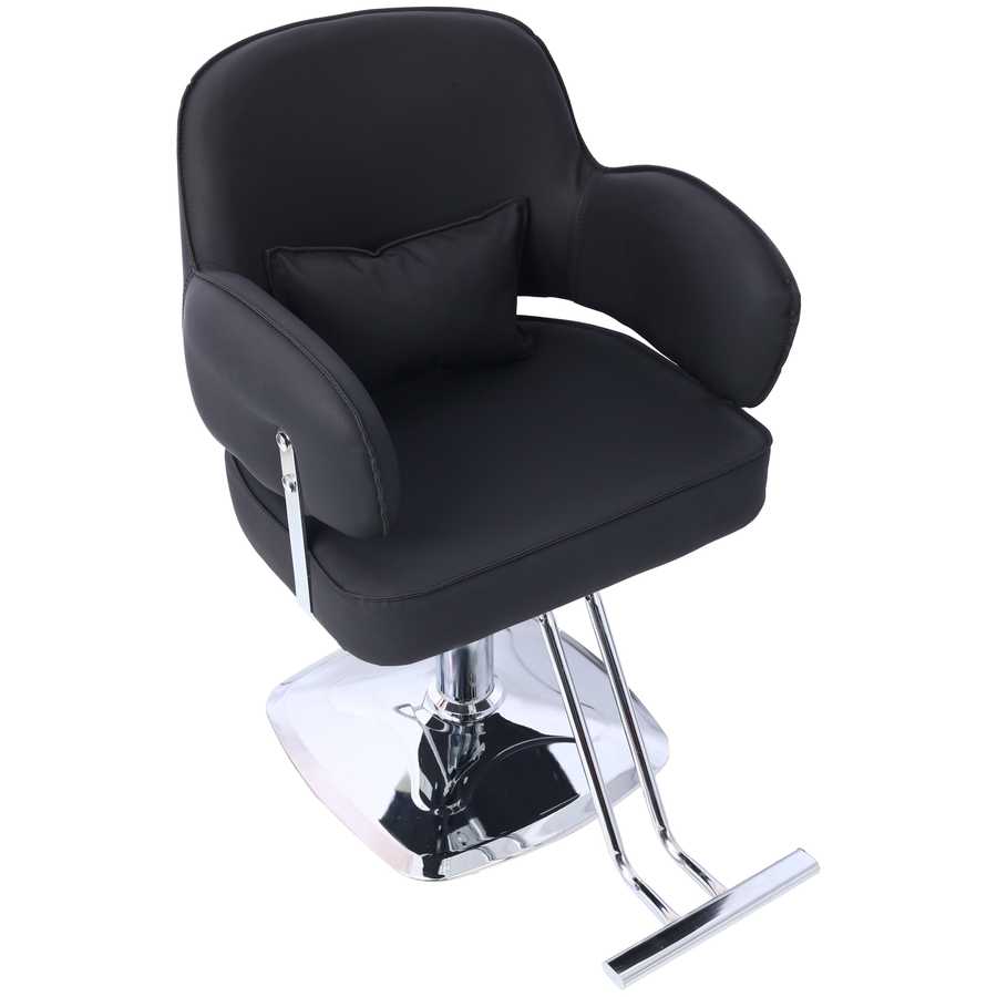 Salon Styling Chair - Heavy Duty Salon Chair with wide seat in black, featuring cushioned armrests and chrome hydraulic base for durability.