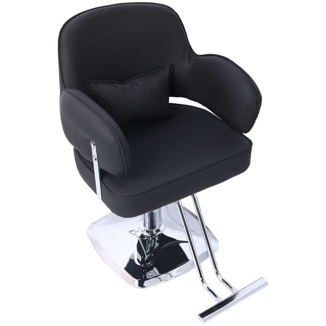 Salon Styling Chair - Heavy Duty Salon Chair with wide seat in black, featuring cushioned armrests and chrome hydraulic base for durability.