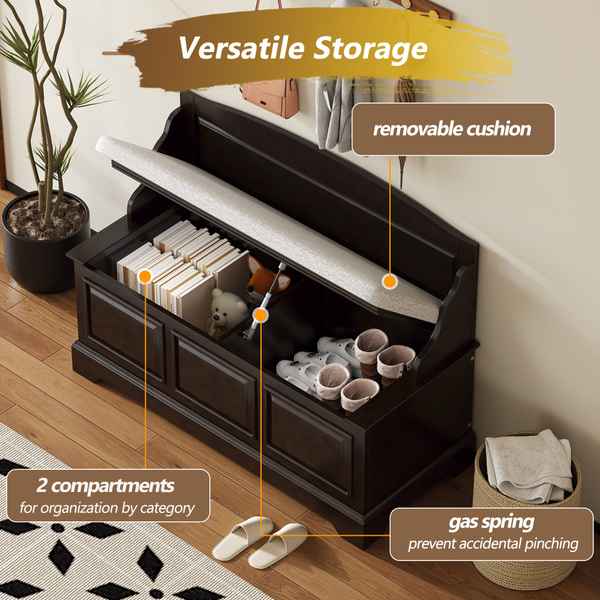 Dark wooden storage bench with open lid showing items, labeled features on a wooden floor.