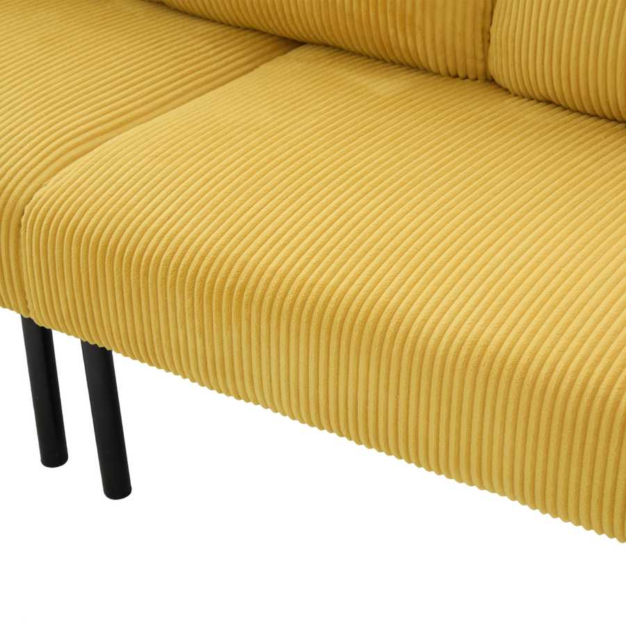 Yellow ribbed sofa with black legs on a white background