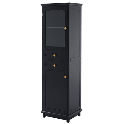 63" Tall Bathroom Storage Cabinet with Glass Doors, Free-Standing, Two Drawers, and Adjustable Shelves, MDF Board, Painted Black