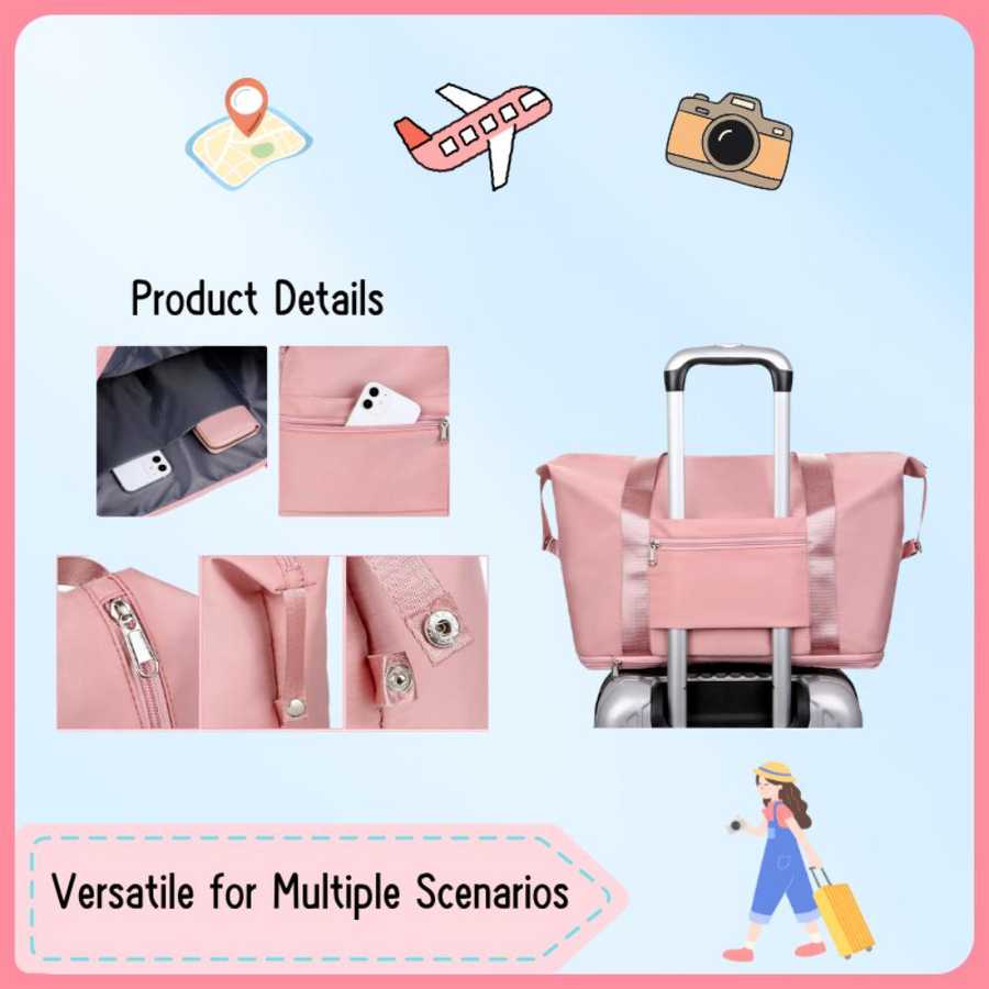 Pink travel bag with various compartments and a suitcase attachment, shown with product details on a light blue background.