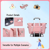 Pink travel bag with various compartments and a suitcase attachment, shown with product details on a light blue background.