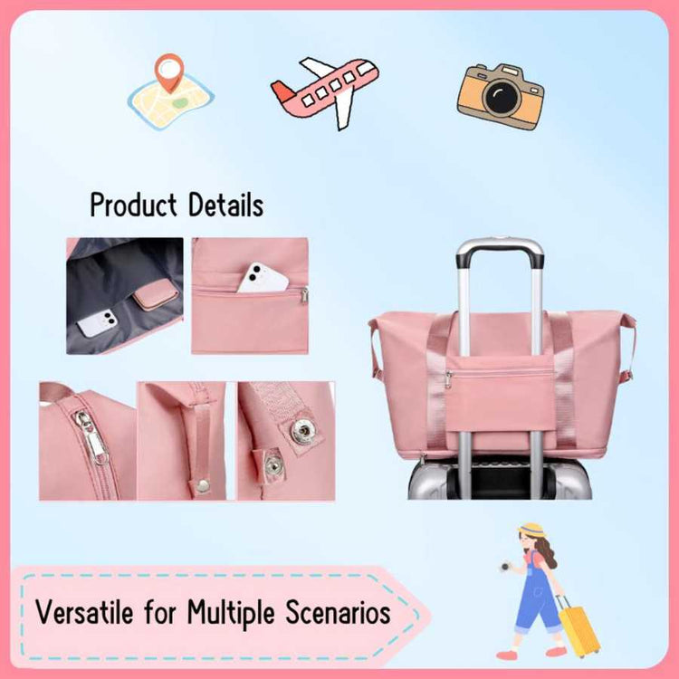 Pink travel bag with various compartments and a suitcase attachment, shown with product details on a light blue background.