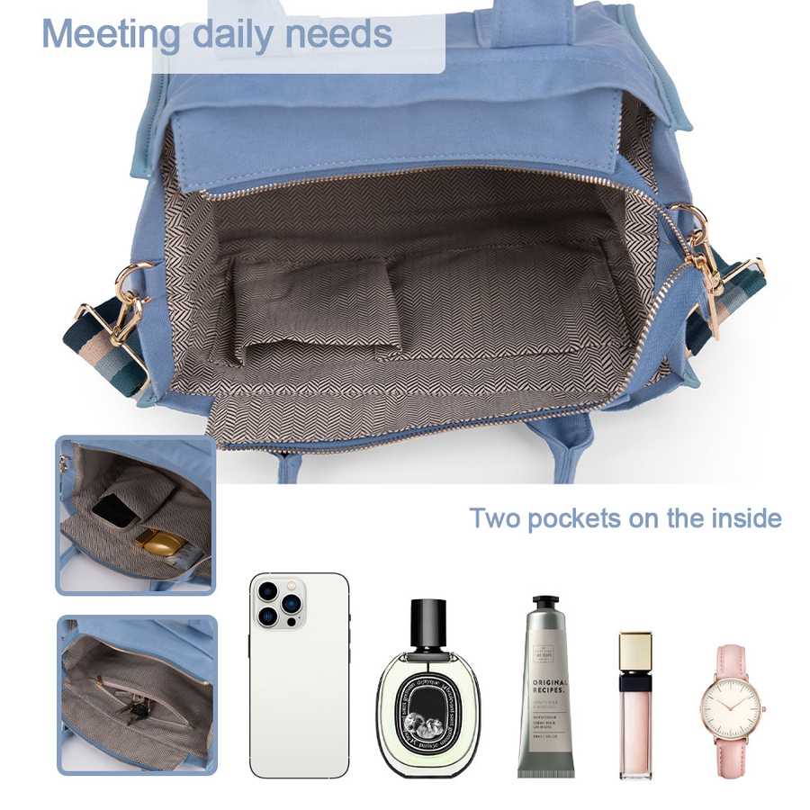 Blue backpack with two interior pockets, showing items like a phone, perfume, and watch.