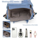 Blue backpack with two interior pockets, showing items like a phone, perfume, and watch.