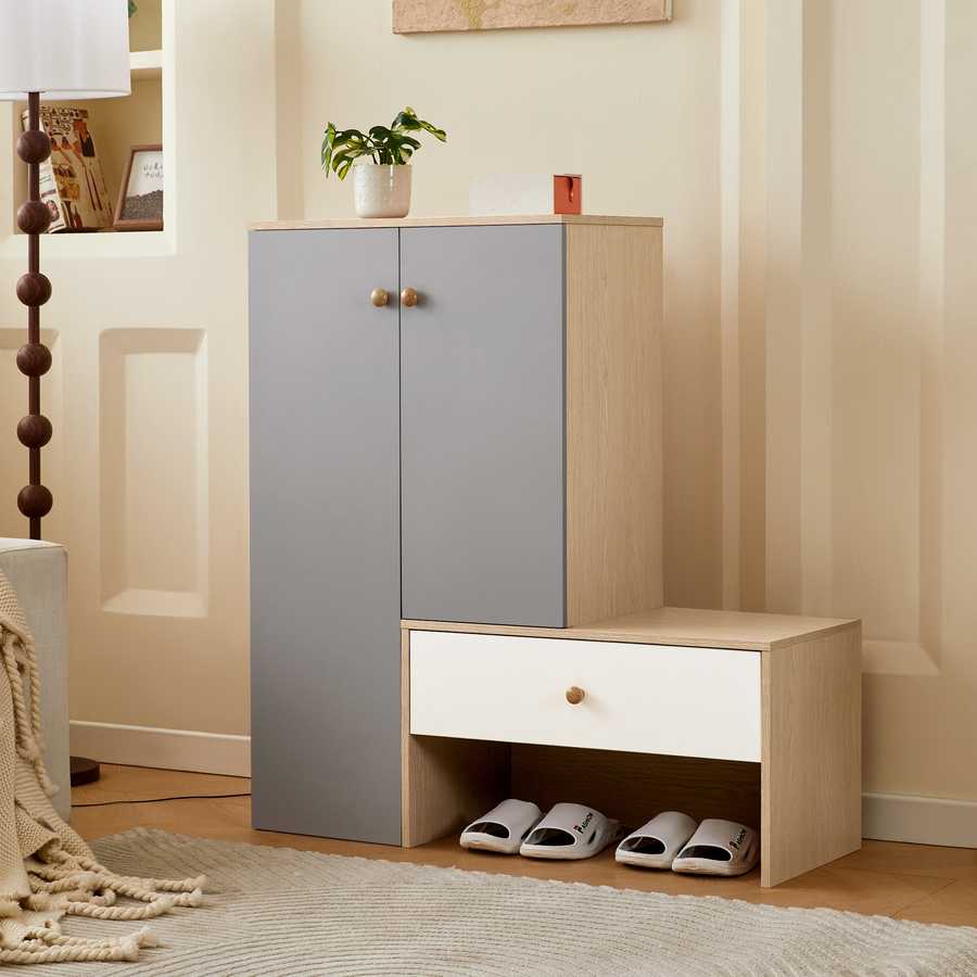 Multi-functional shoe storage bench & cabinets placed in a cozy entryway, featuring adjustable shelves and open bottom for slippers.