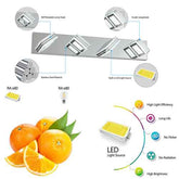 An infographic-style product presentation of a rectangular stainless steel LED light bar with callout circles showing the lamp head, acrylic lampshade, and built-in LED source. The image also includes close-up material insets, RA ≥80 text, an LED light source chip, a bulb icon, a cluster of oranges, and a performance chart with icons for high light efficiency, long life, no flicker, and no radiation.