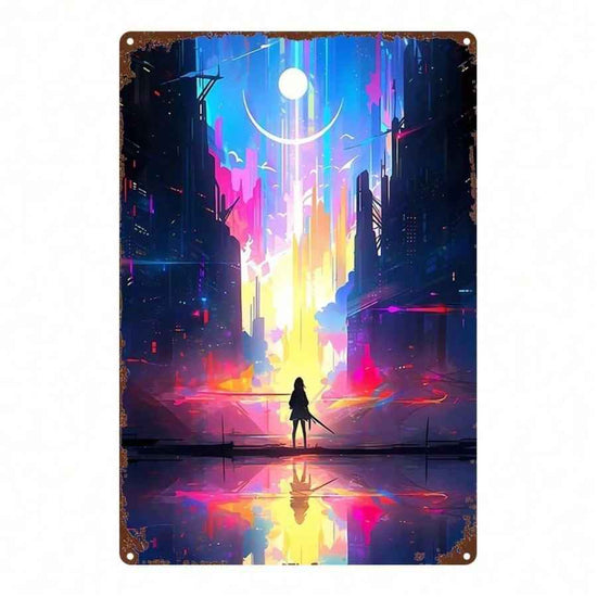 Cyberpunk Anime Metal Sign for Urban Decor Aesthetic
