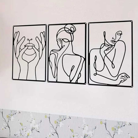 3Pcs Abstract Metal Wall Art featuring minimalist line drawings of female figures and hands, ideal for indoor or outdoor modern decor.
