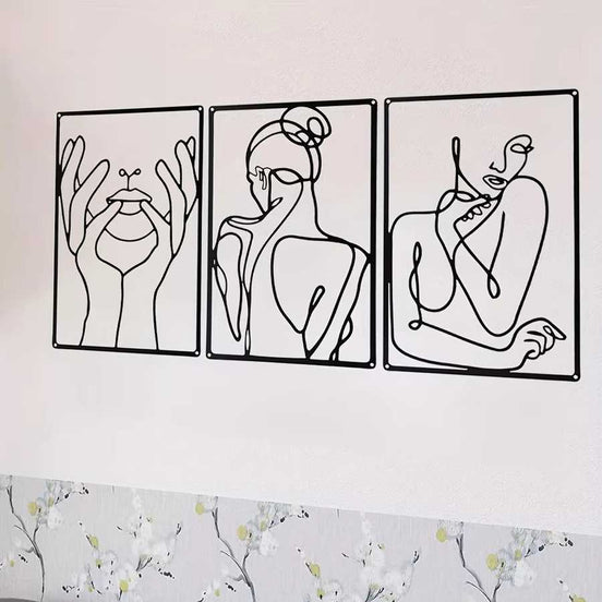 3Pcs Abstract Metal Wall Art featuring minimalist line drawings of female figures and hands, ideal for indoor or outdoor modern decor.