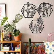 Hexagon botanical wall art set with black metal floral designs for home decor