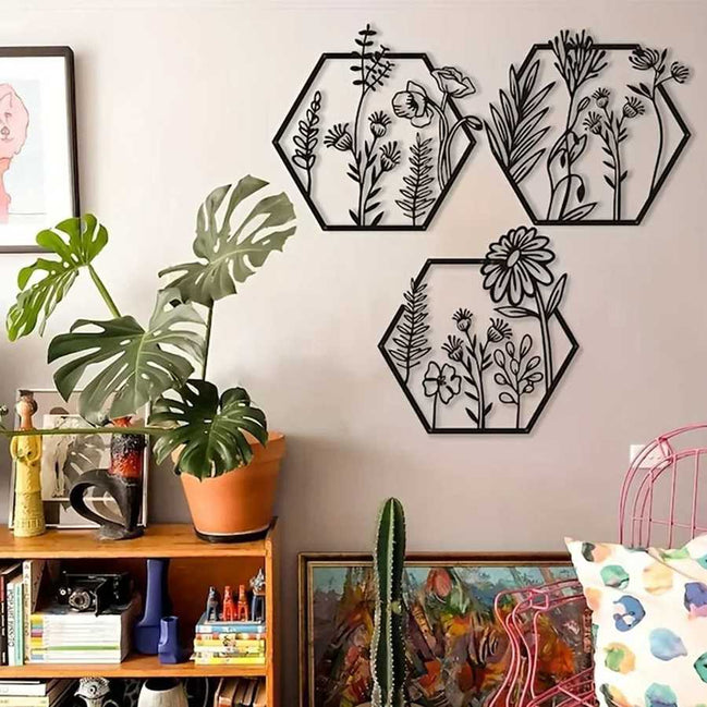 Hexagon botanical wall art set with black metal floral designs for home decor