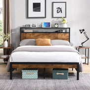 Queen Size Metal Platform Bed Frame with Wooden Headboard and Footboard with USB LINER, No Box Spring Needed, Large Under Bed Storage Default