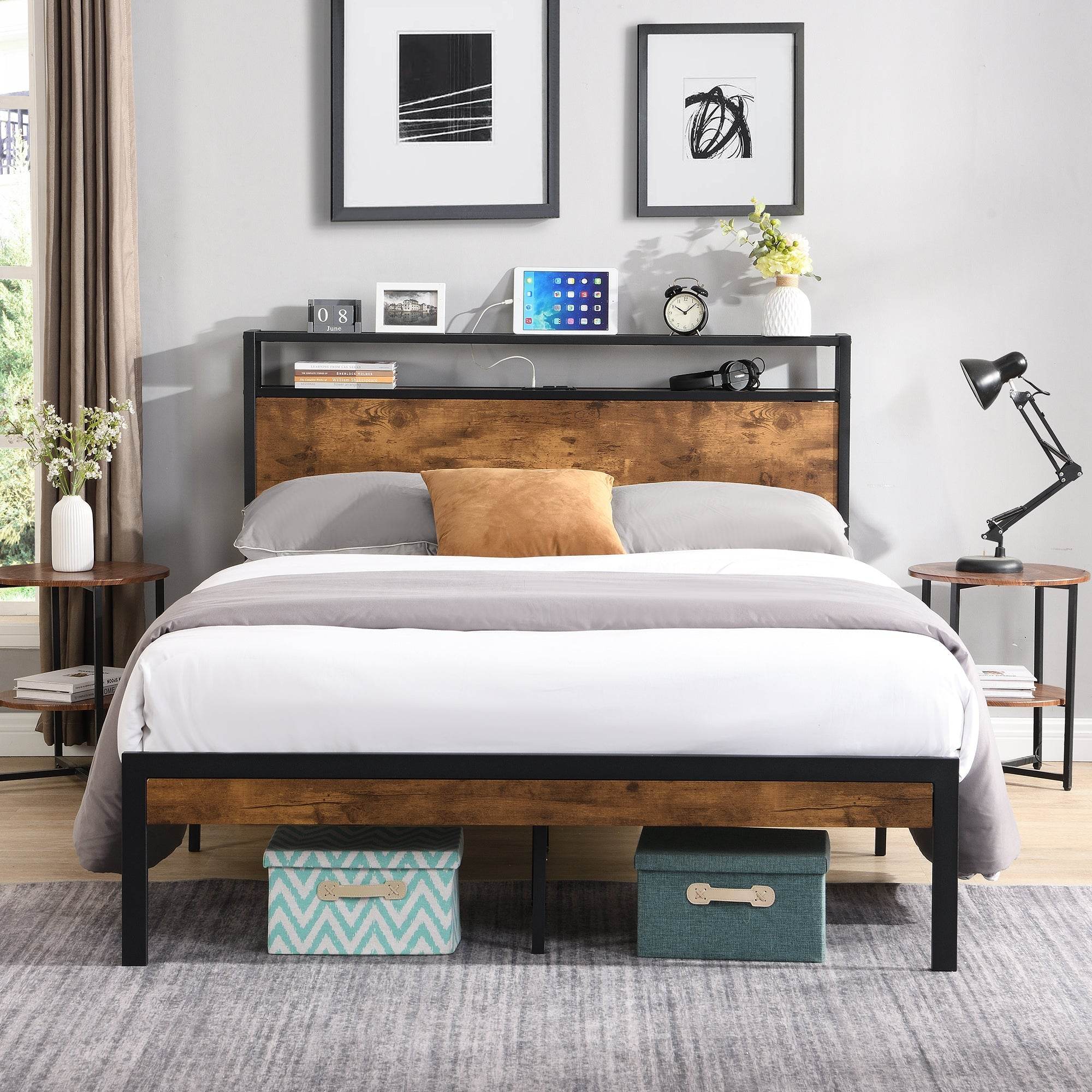 Queen Size Metal Platform Bed Frame with Wooden Headboard and Footboard with USB LINER, No Box Spring Needed, Large Under Bed Storage Default