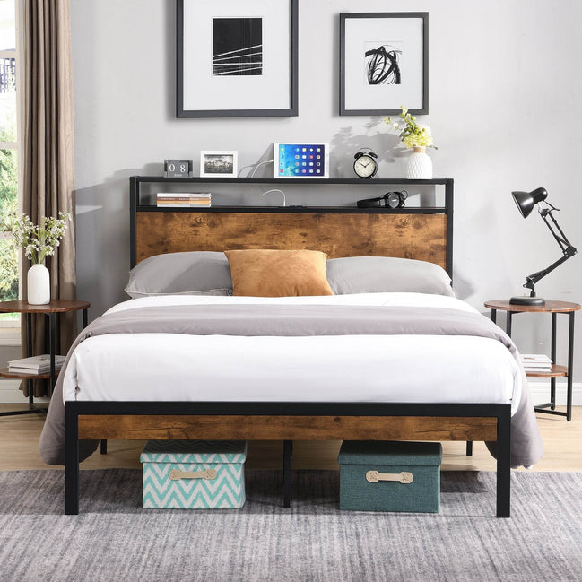 Queen Size Metal Platform Bed Frame with Wooden Headboard and Footboard with USB LINER, No Box Spring Needed, Large Under Bed Storage Default