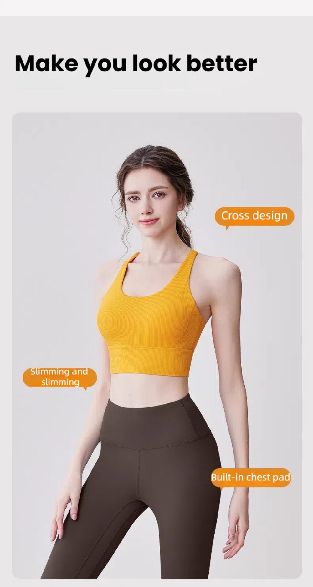 Slim fit Yoga Clothes Top with cross back design and built-in chest pad, offering a flattering silhouette and breathable sportswear support.