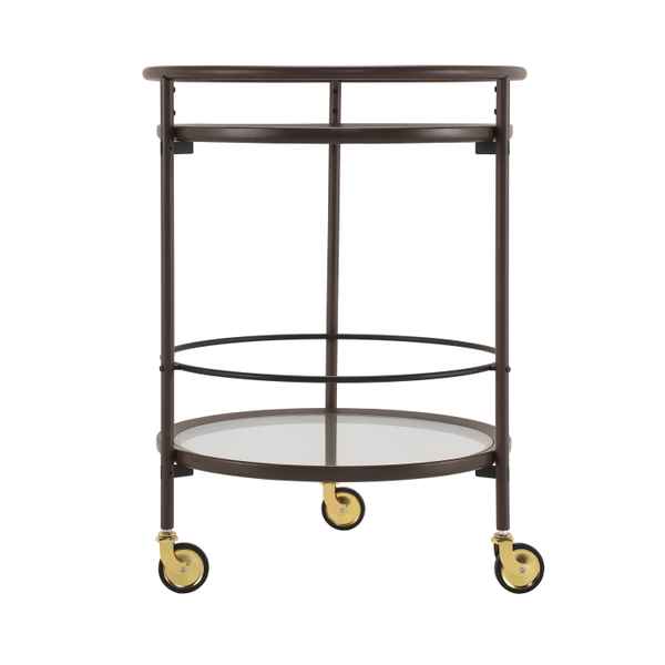 Metal serving cart with glass shelves on a white background