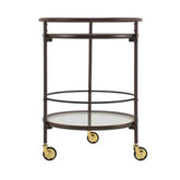 Metal serving cart with glass shelves on a white background