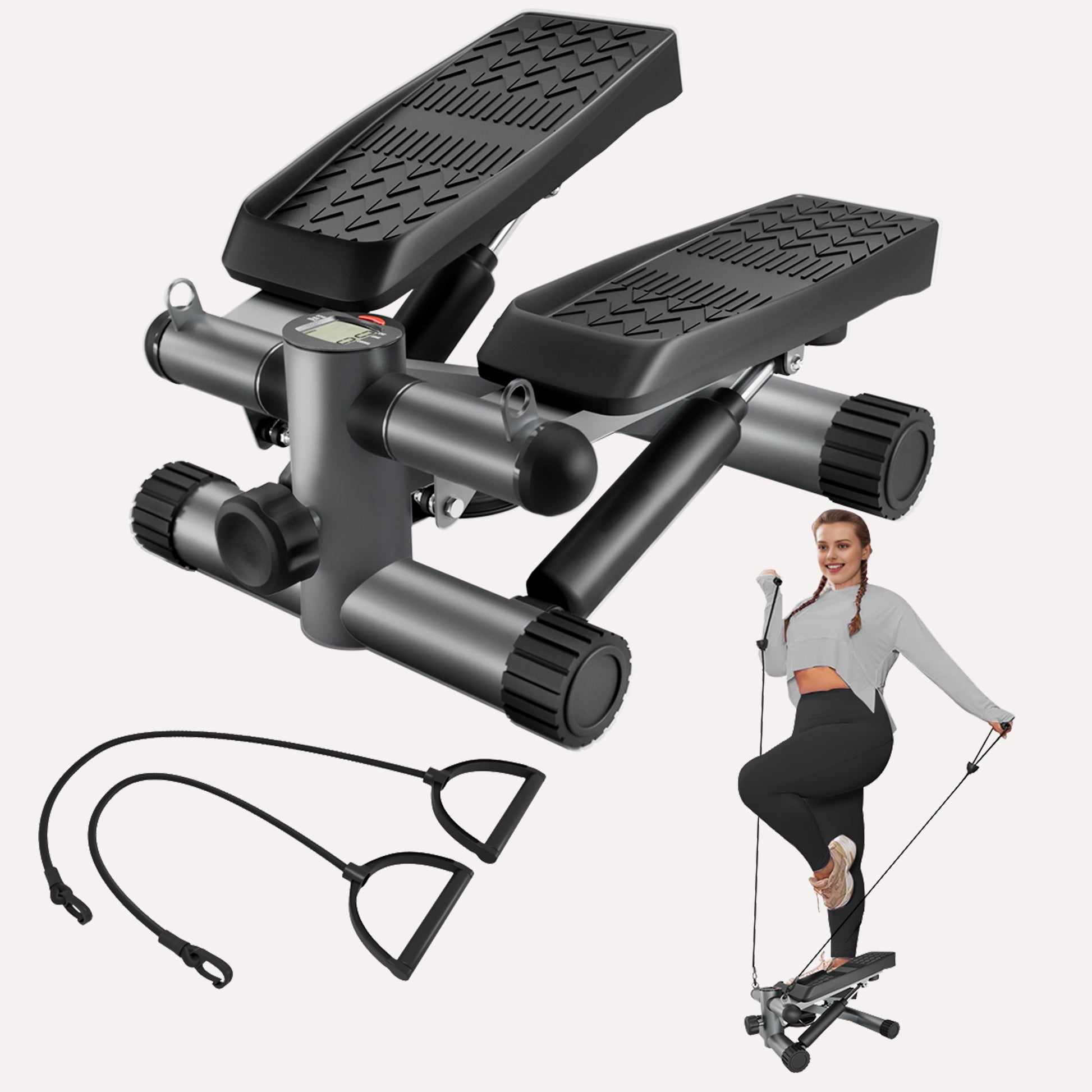 Steppers for Exercise, Stair Stepper with Resistance Bands, Mini Stepper with 330LBS Loading Capacity, Hydraulic Fitness Stepper with LCD Monitor