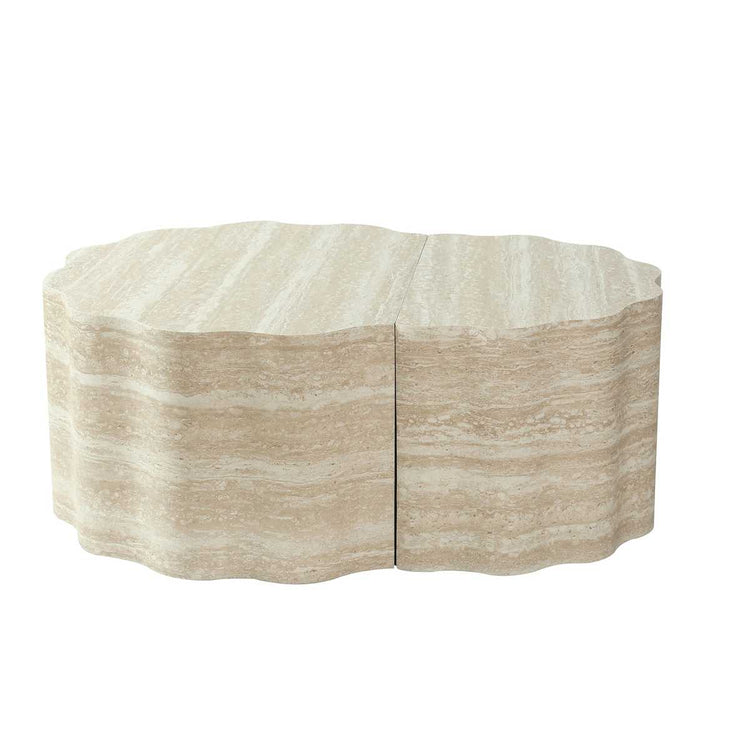 Side view of two beige marble round coffee tables with scalloped edges, perfect for living room or lounge area