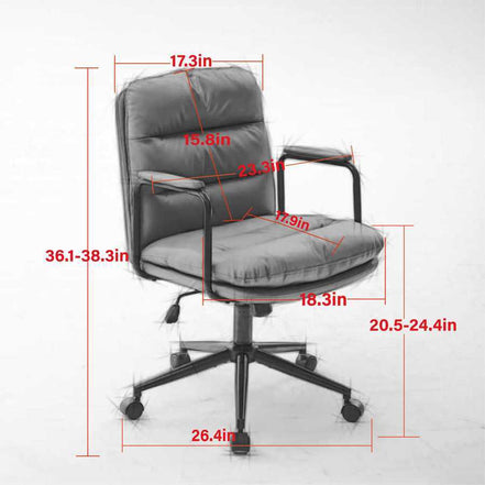 Brown ergonomic office chair with detailed dimensions including seat height, width, and backrest size. Ideal for ergonomic workspace planning.