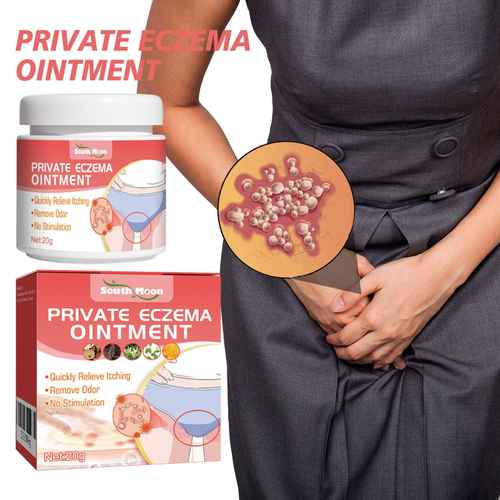 South Kige Private Eczema Ointment product display with a white jar, red-and-white box, and an illustrated inset of eczema skin lesions, alongside a cropped person holding their lower abdomen.