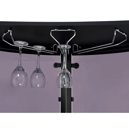 Close-up of under-shelf wine glass rack in black glass top home wine bar cabinet, holding stemware securely.