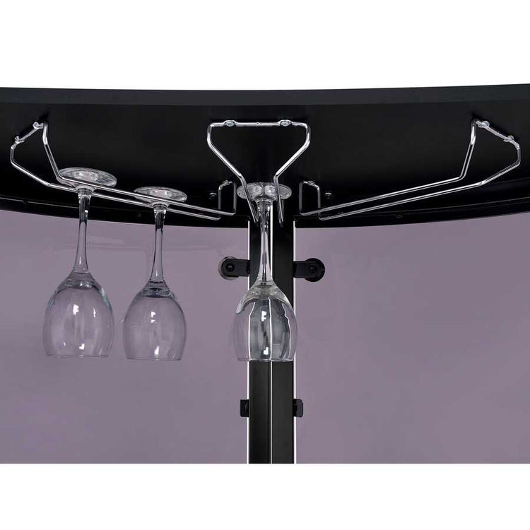 Close-up of under-shelf wine glass rack in black glass top home wine bar cabinet, holding stemware securely.