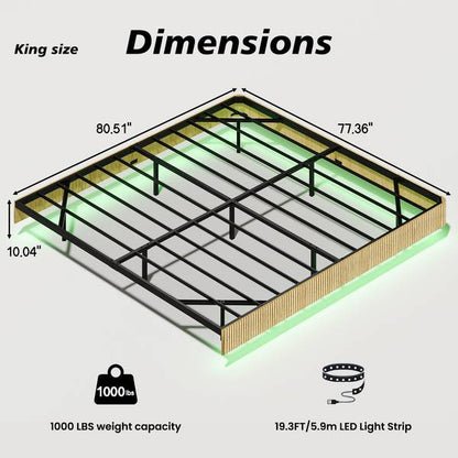 King Floating Bed Frame with LED Lights dimensions and frame structure, includes 1000 lbs capacity and 19.3ft LED strip.