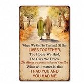Vintage metal wall art for bars and cafes featuring an elderly couple walking hand in hand with a heartfelt quote about love and life.