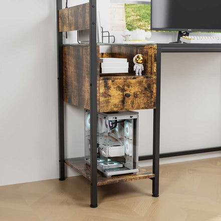 Close-up of office computer desk showing lower shelf with gaming PC and drawer storage, ideal for modern workspace organization.