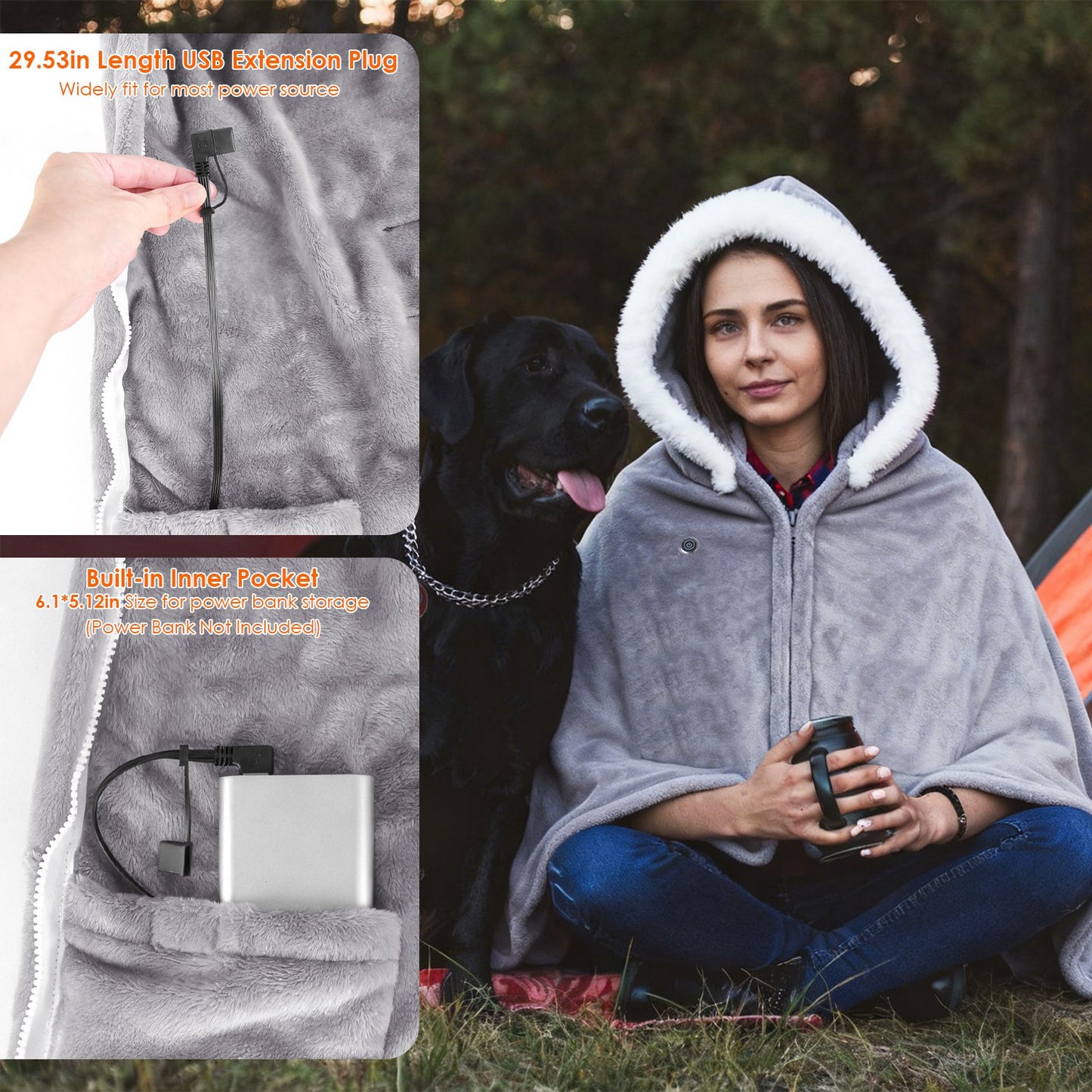 8-Zone Wearable Heated Blanket - 3 Adjustable Heat Levels, 59x31in Soft Flannel, USB-Powered Portable Design with Pockets, Machine Washable Winter Warmth