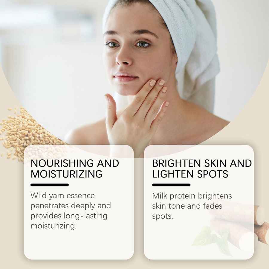 Woman with a towel on her head touching her face, with text about skin care benefits.