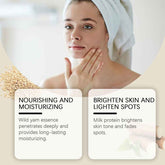 Woman with a towel on her head touching her face, with text about skin care benefits.