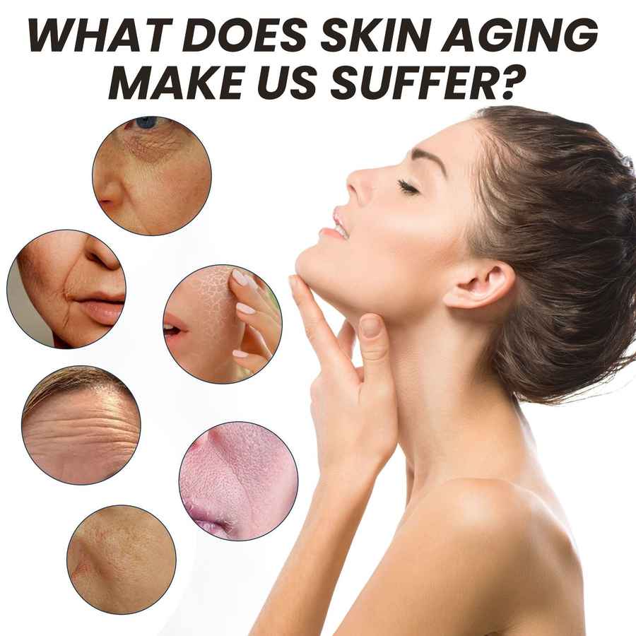 Woman touching her face with skin aging before and after images on a white background