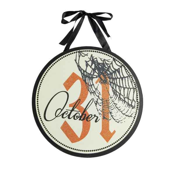 Decorative Halloween circle sign with black ribbon, featuring October 31 date and spider web graphic, for seasonal home and holiday decor