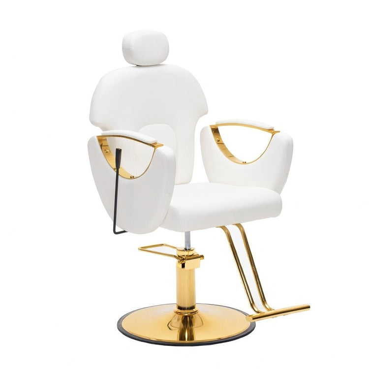 A modern barber chair with a white faux leather seat, headrest, and armrests, accented by polished gold metal armrest supports, hydraulic base, and footrest, shown on a solid white background.