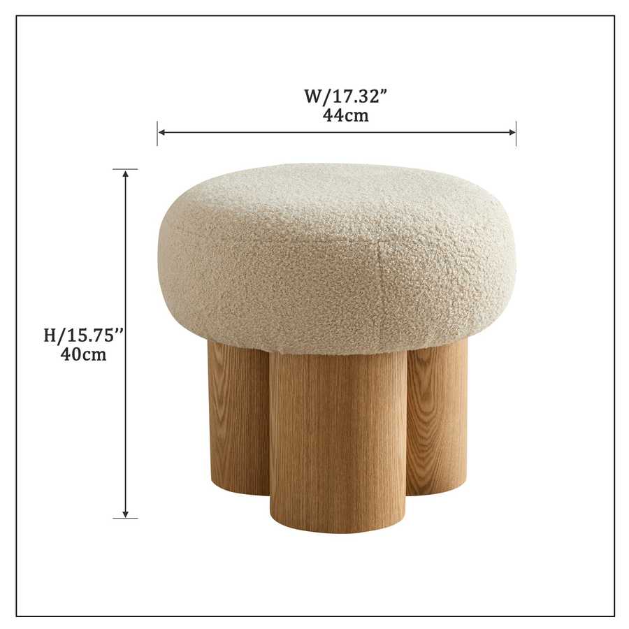 Beige cushioned stool with wooden legs and dimensions labeled on a white background