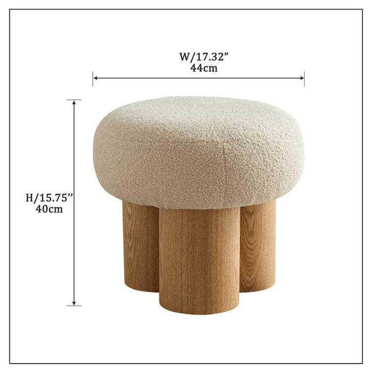 Beige cushioned stool with wooden legs and dimensions labeled on a white background