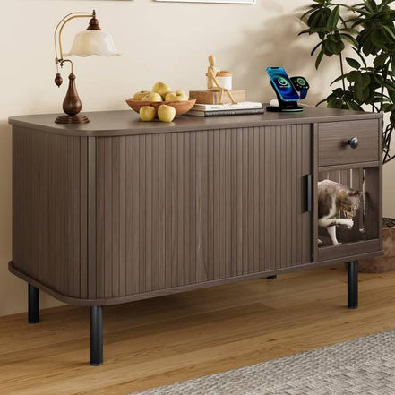 Modern cat litter box enclosure with storage drawer, sliding door, and charging station, styled as a side table in a living room.