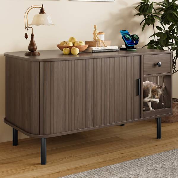 Modern cat litter box enclosure with storage drawer, sliding door, and charging station, styled as a side table in a living room.