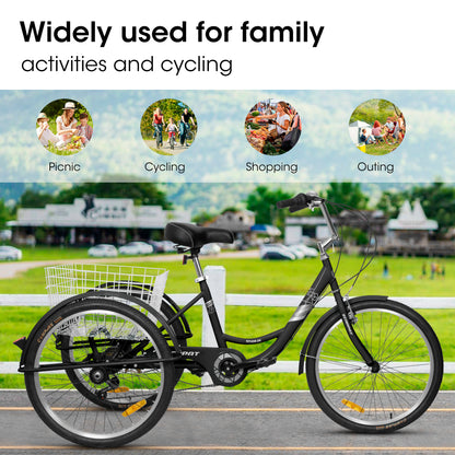 A24632 Adult Tricycles 7 Speed, Adult Trikes 24 inch 3 Wheel Bikes, Three-Wheeled Bicycles Cruise Trike with Shopping Basket for Seniors, Women, Men